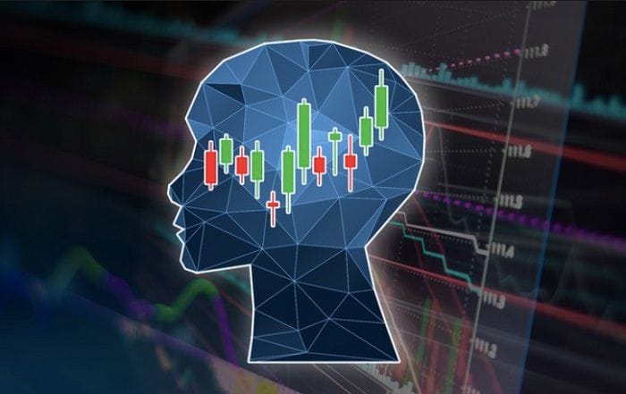 A stylized graphic of a human head profile filled with candlestick chart patterns, symbolizing the connection between trading psychology and market behavior, with a background of financial graphs and indicators.